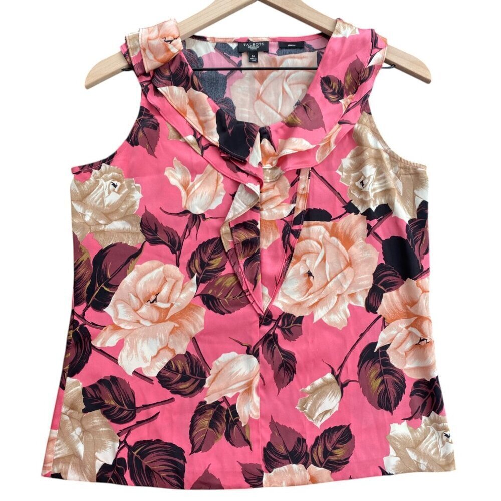 Talbots Stretch Silk Rose Ruffle Front Pink Blouse Top Women's Size 6P